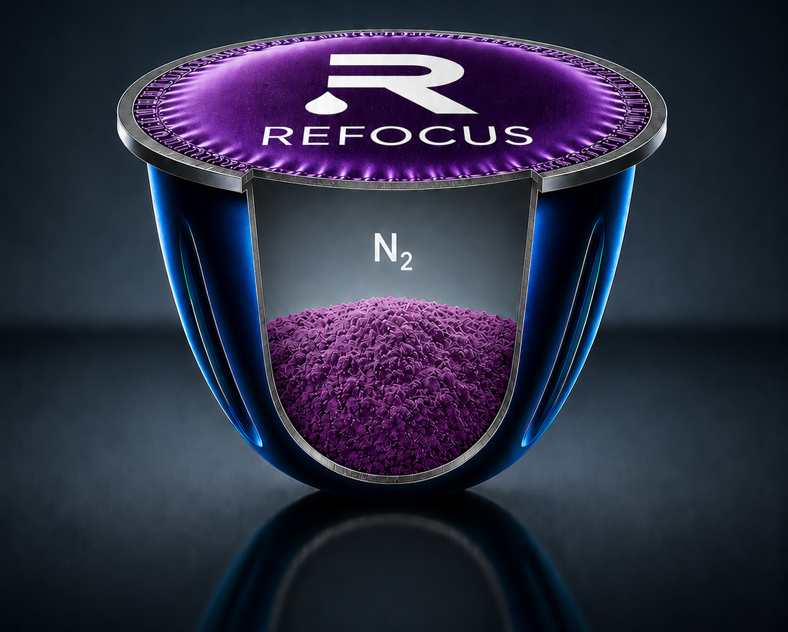 Cross-section of a Reblewm pod showing nitrogen atmosphere, hermetic seal, and 100% aluminium construction