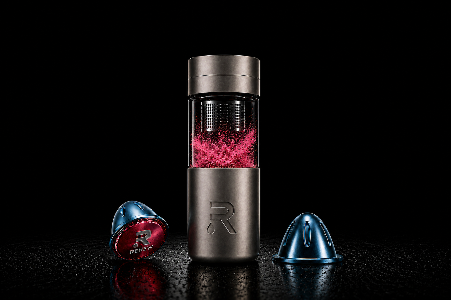 Reblewm bottle with Renew pod and aluminium pods, one bottle, infinite activations